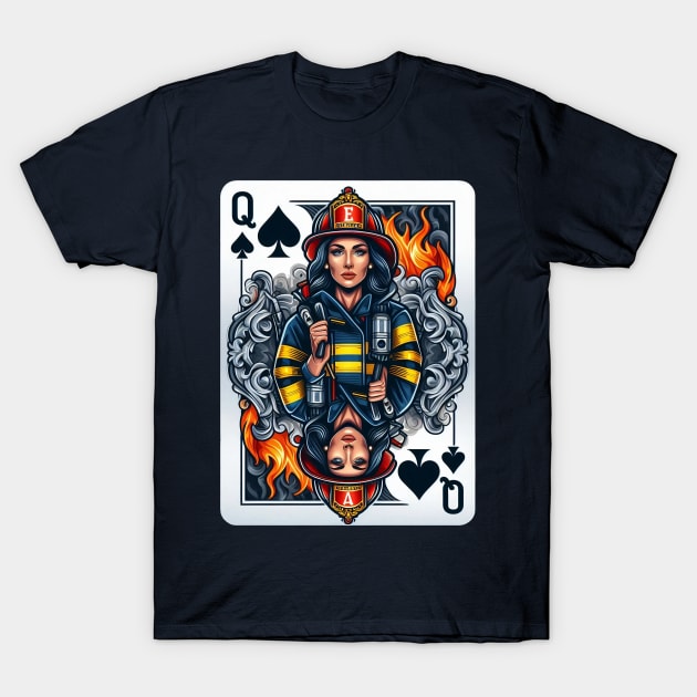 Female Firefighter Playing Card Queen Of Spades T-Shirt by Dmytro